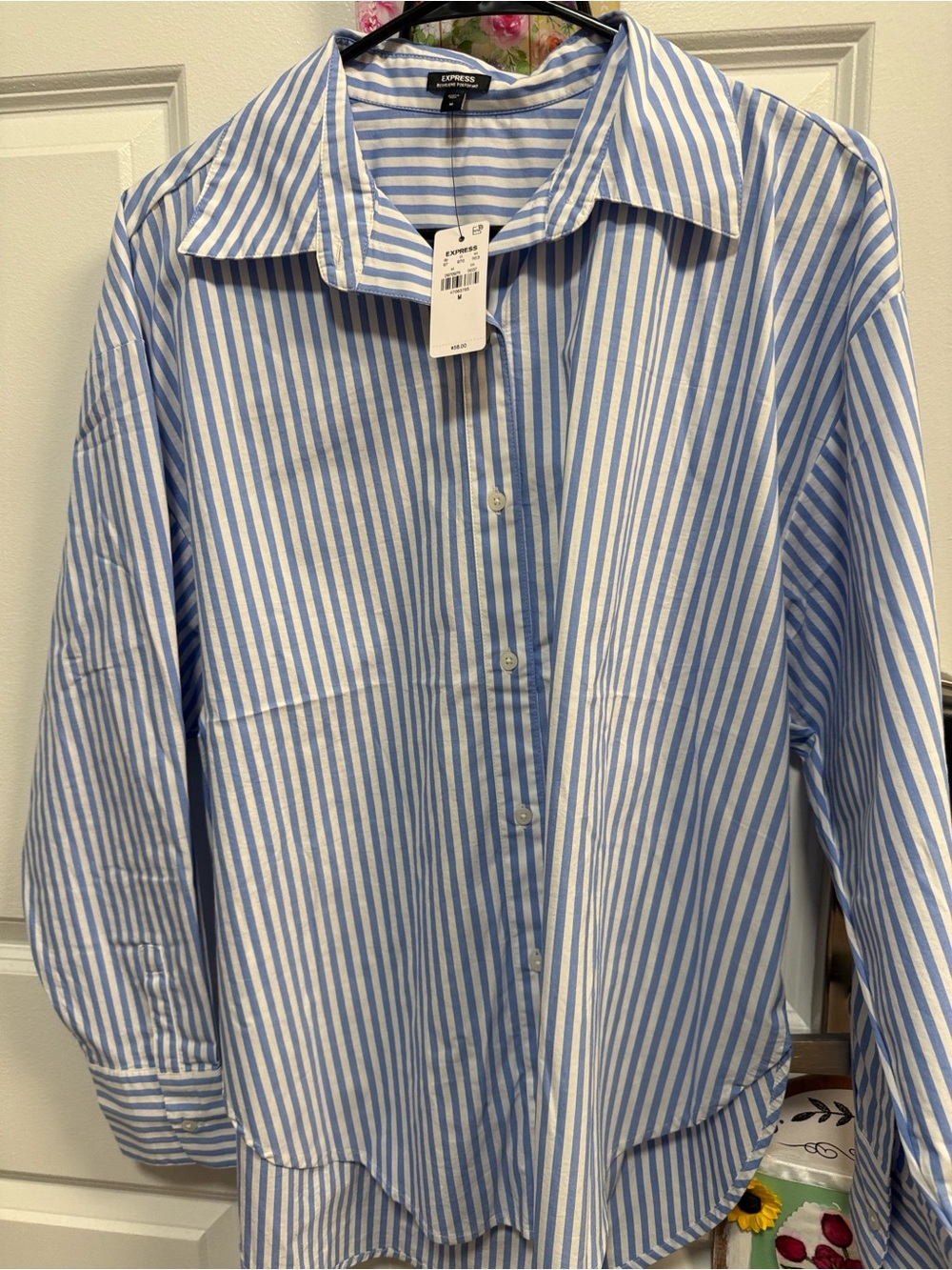 Express Blue and White Striped Women's Button-Up Shirt Jacket